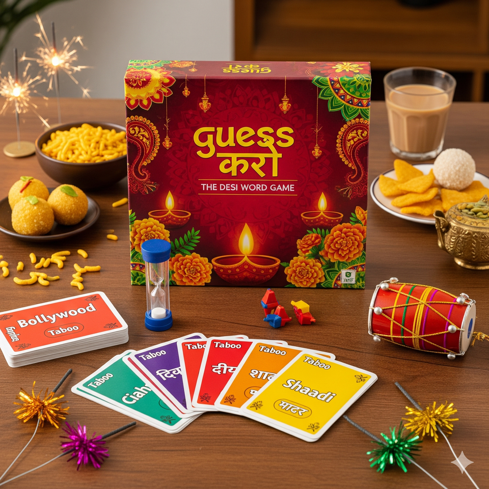 Desi "Guess Karo" game with cards, hourglass, dholak, and Indian snacks. Perfect for festive fun.