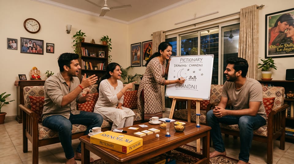 Friends playing bollywood pictionary in India