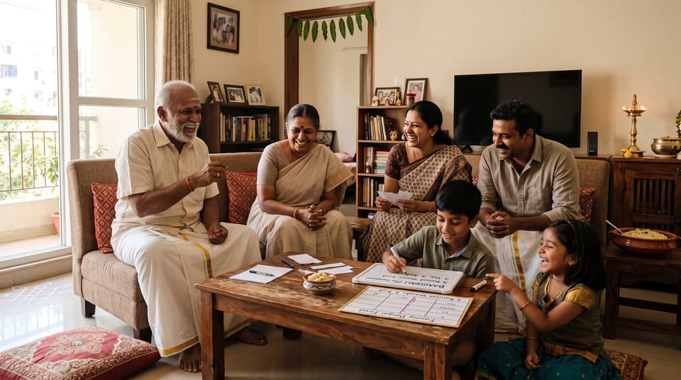 Family playing fun games during a south indian festival of pongal