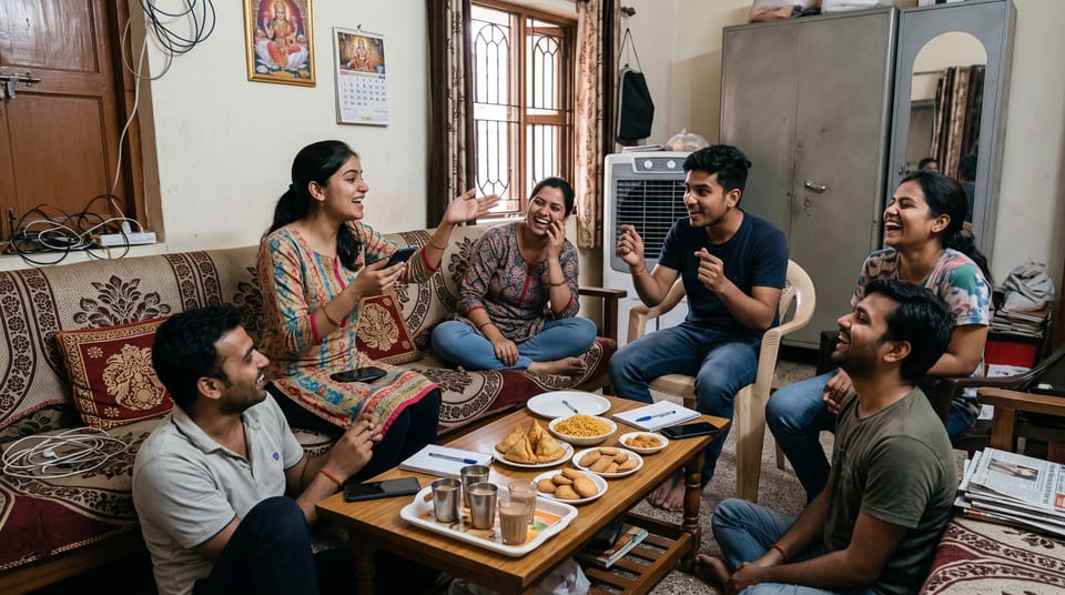 A group of friends playing Desi Mauj dialogue game on their phone.