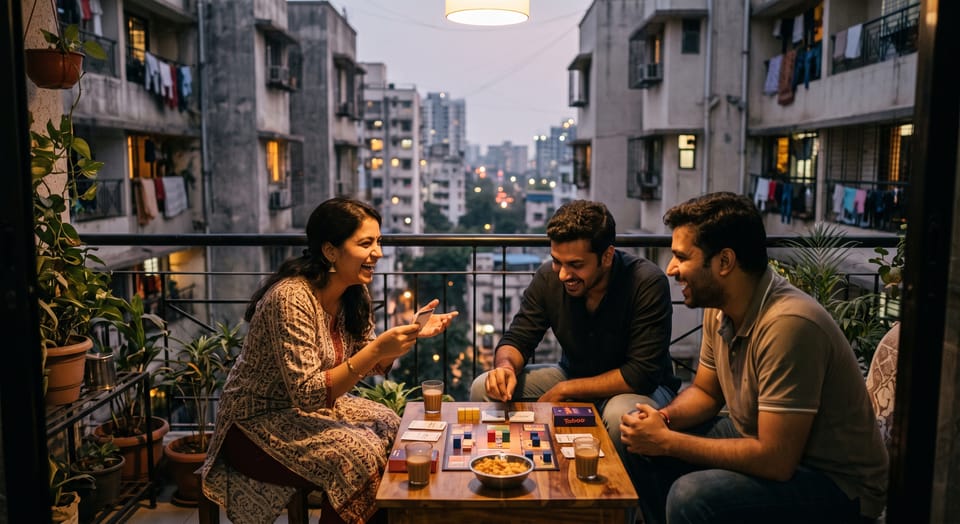 Friends playing board games on a balcony - Desi Mauj