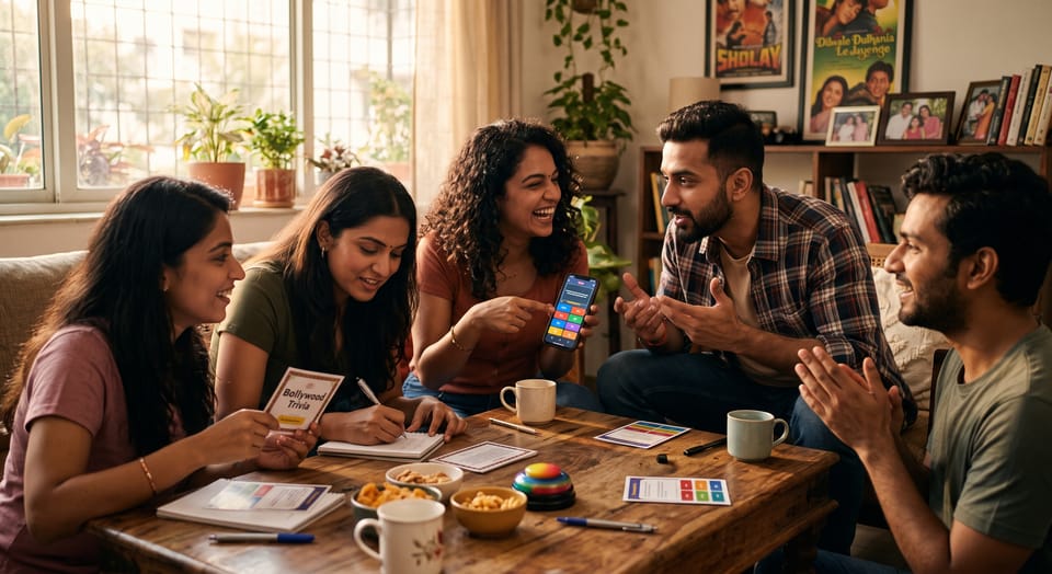 Indian friends playing bollywood trivia through Desi Mauj