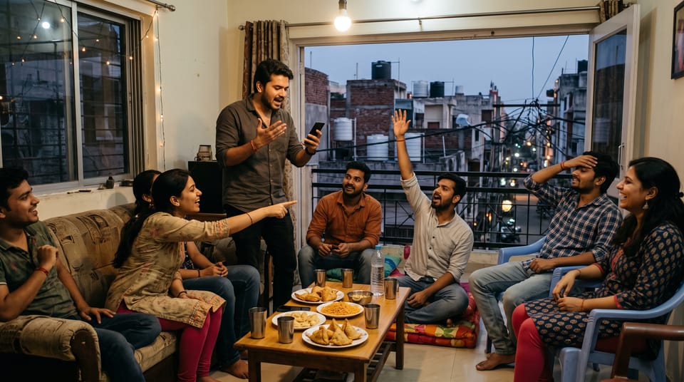 A candid, warm photograph of a lively group of young Indian friends in their twenties gathered inside a cozy apartment in a tier-2 Indian city, enthusiastically playing a trivia game.