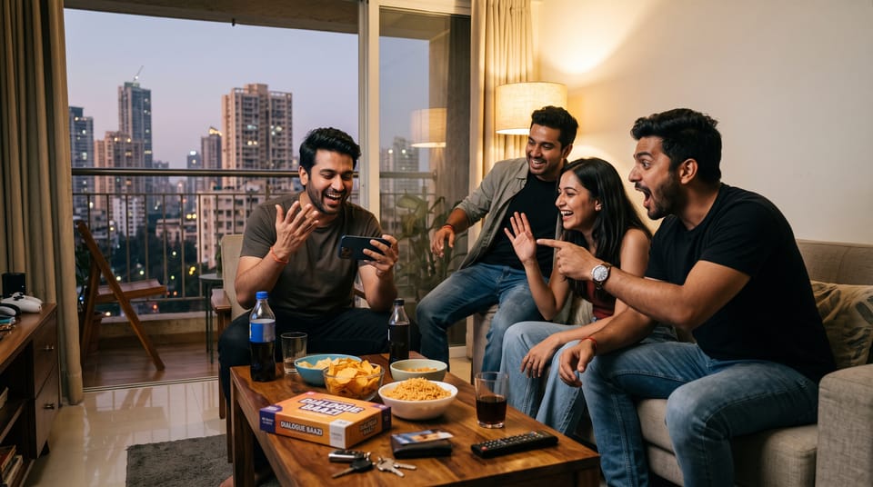 A candid photo of a group of four young Indian friends laughing and playing a Bollywood "Dialogue Baazi" party mobile game together in a high-rise Mumbai apartment at dusk, with one host.