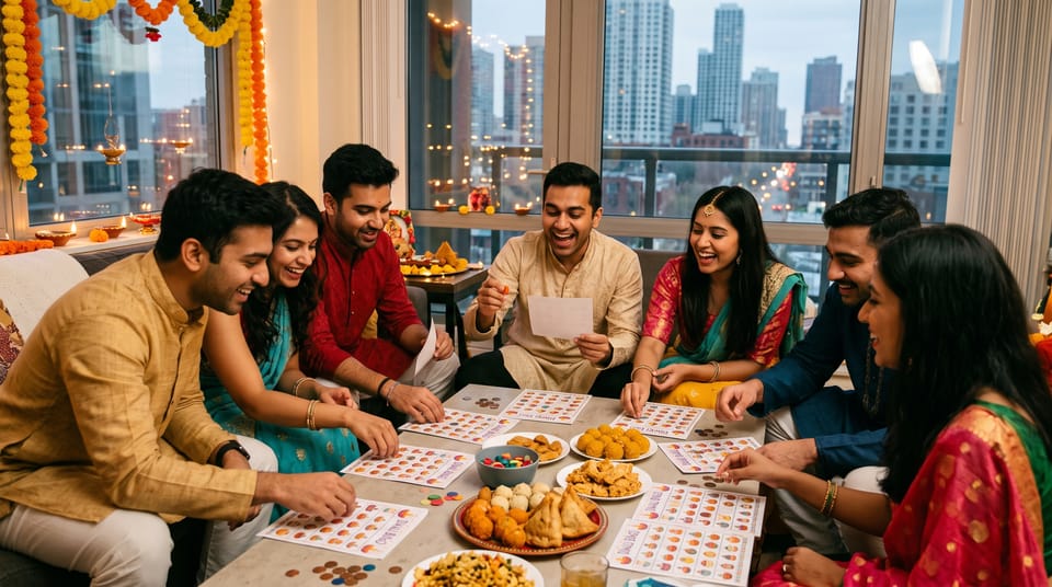 Group of Indian friends in traditional clothing playing a printable Diwali bingo game with festive snacks in a decorated city apartment.