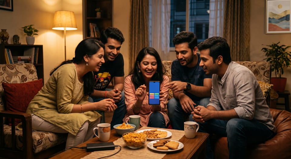 A diverse group of Indian friends in a cozy living room, laughing and playing a movie trivia game on a smartphone, surrounded by traditional snacks and tea