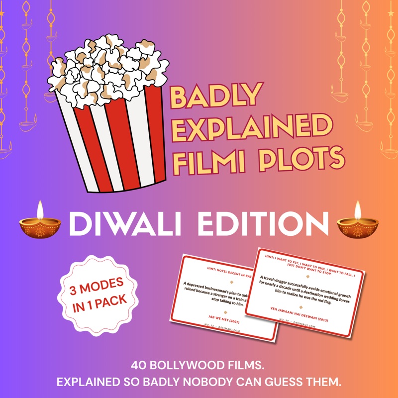 Badly Explained Filmi Plots Diwali edition printable party game cards, each showing a one sentence description of a Hindi film with a hint and the answer