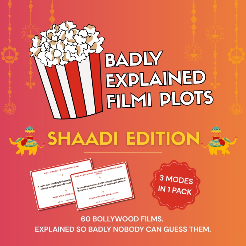 Badly Explained Filmi Plots Shaadi edition printable party game cards, each showing a one sentence description of a Hindi film with a hint and the answer