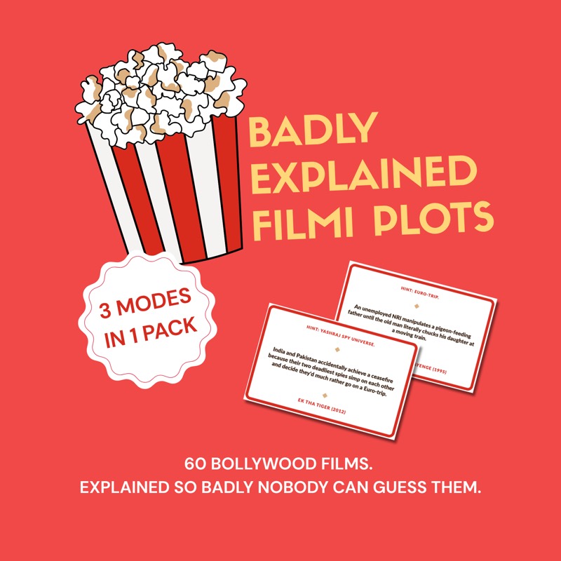 Badly Explained Filmi Plots printable party game cards, each showing a one sentence description of a Hindi film with a hint and the answer