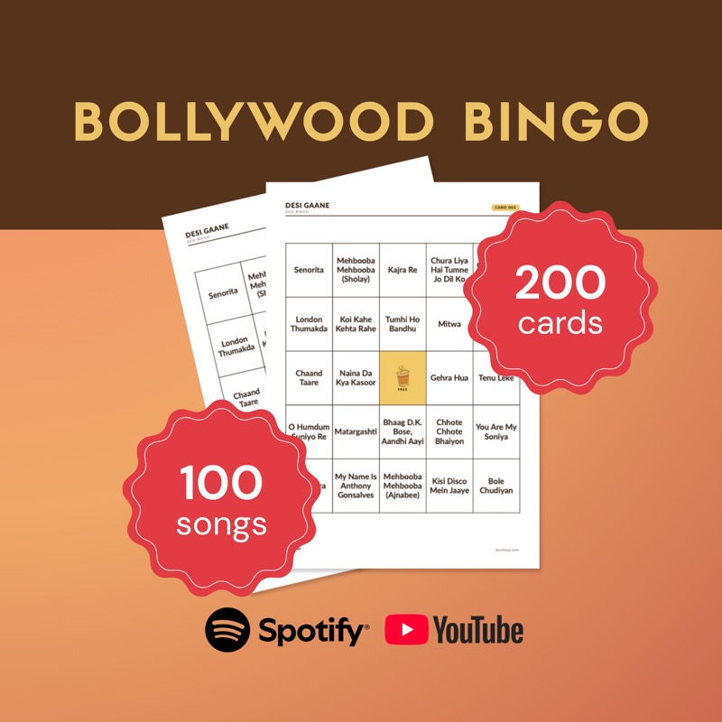 Bollywood Music Bingo printable cards, a five by five grid of Hindi song titles with a free chai square in the middle