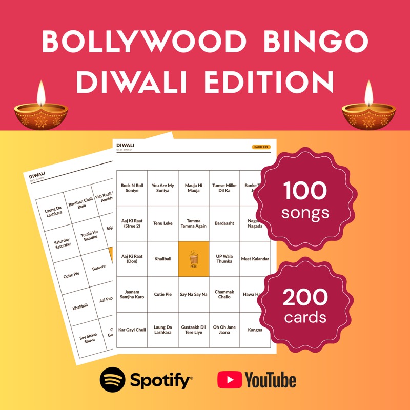 Diwali Music Bingo printable cards with diyas, a grid of Hindi party song titles and a free chai square