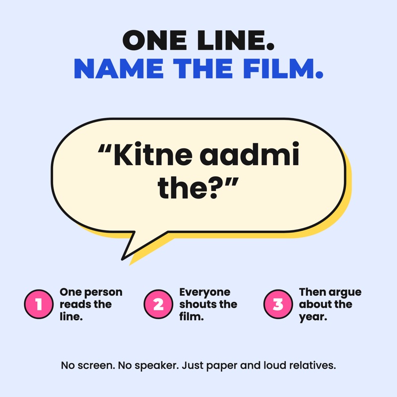 Guess the Filmi Dialogue printable party game, showing the line Kitne aadmi the in a speech bubble and the three steps of play