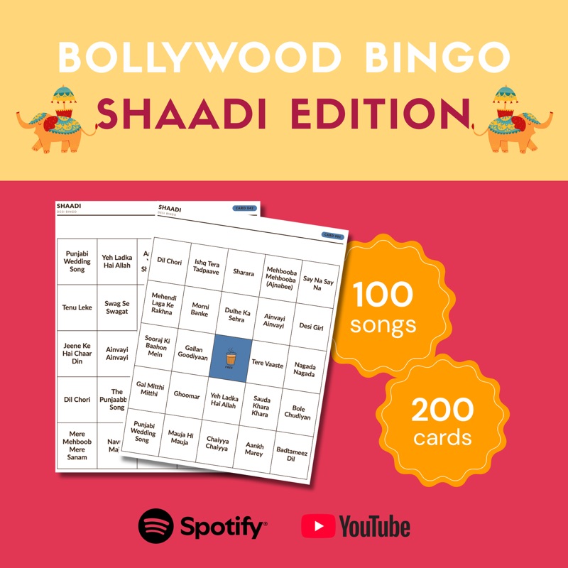 Sangeet Music Bingo printable cards, a grid of Bollywood wedding song titles with a free chai square in the middle